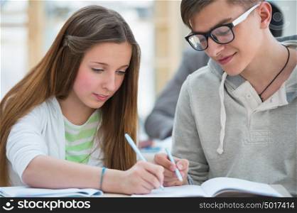High School students. Girl and boy study together and help each other as they work