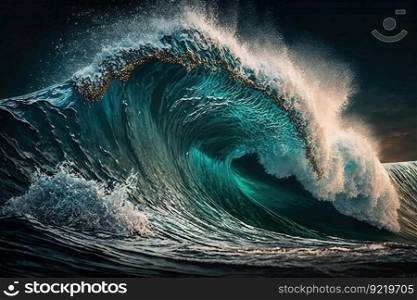 High sea wave with foam on a dark night background. Natural element. AI generated.. High sea wave with foam on a dark night background. AI generated.