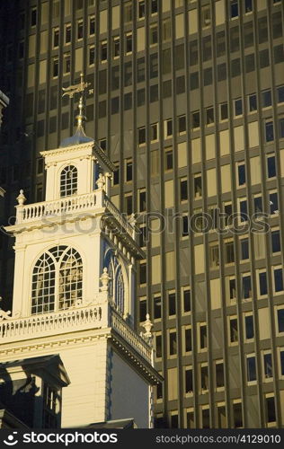 High section view of a tower in front of a skyscraper, Boston, Massachusetts, USA