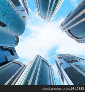 High skyscraper. Bottom view of modern skyscraper. Business district