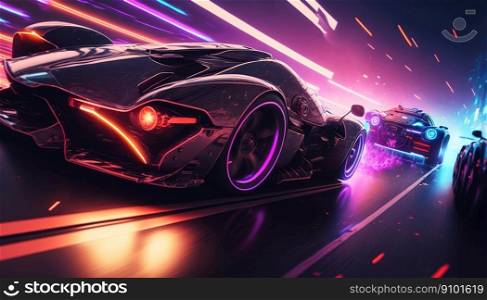 High speed car moving in tunnel with light trails, neon reflections. Generative AI.. High speed car moving in tunnel with light trails, neon reflections. Generative AI