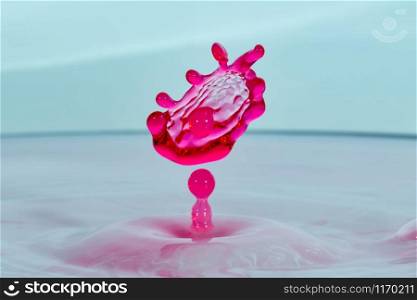 High speed drop photograph with colliding drops of red colored water. High speed water drop photograph with red colored colliding drops