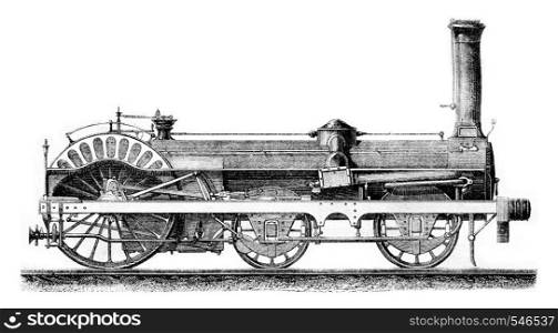 High speed locomotive Crampton, vintage engraved illustration. Magasin Pittoresque 1861.