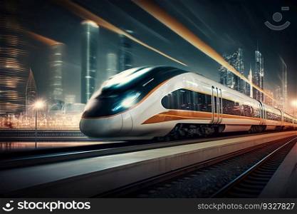 High speed train at station and blurred cityscape at night on background generative ai