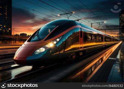 High-speed train traffic on rails. Generative AI