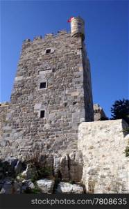High stone tower in Bodrum castle, Turkey