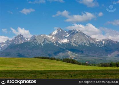 High Tatras spring view with snow on mountainside and green grassland  Slovakia 
