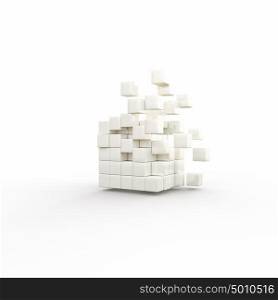 High tech cube figure. Futuristic concept with disintegrating cube on white background