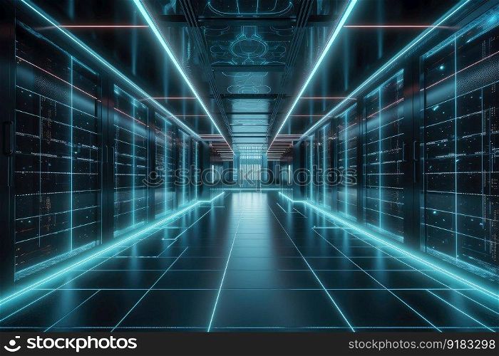 high-tech data center with futuristic decor and sleek technology, created with generative ai. high-tech data center with futuristic decor and sleek technology