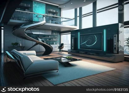 high-tech home, with sleek furniture and advanced technology, created with generative ai. high-tech home, with sleek furniture and advanced technology