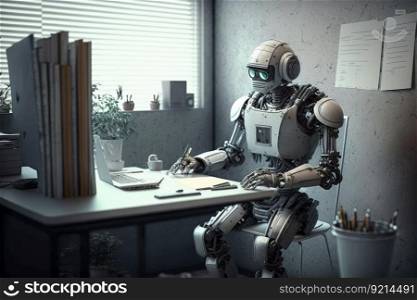 high-tech office, with robot taking notes and managing files, created with generative ai. high-tech office, with robot taking notes and managing files