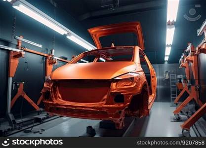 high-tech painting and coating system with multiple robotic arms inspecting and applying paint to car, created with generative ai. high-tech painting and coating system with multiple robotic arms inspecting and applying paint to car
