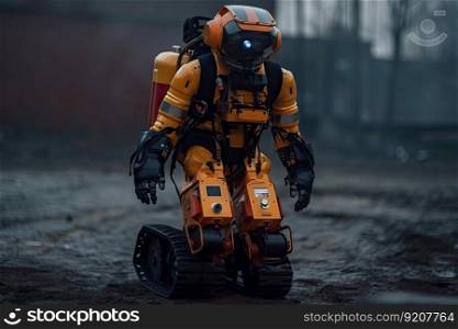 high-tech robotic firefighter, equipped with advanced sensors and gadgets for rescue operations, created with generative ai. high-tech robotic firefighter, equipped with advanced sensors and gadgets for rescue operations