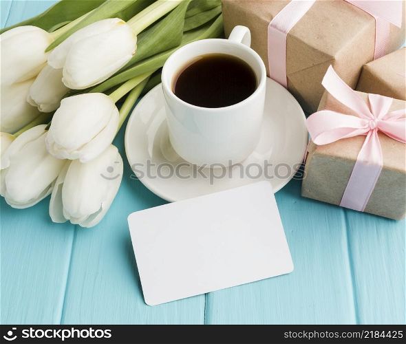 high view bouquet tulip flowers with morning coffee