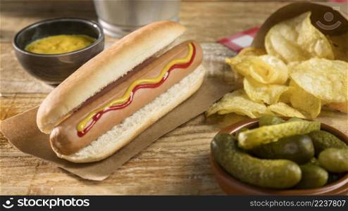high view hot dog with pickles chips
