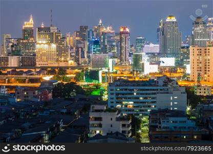 High view of modern cityscape at night,Bangkok Thailand