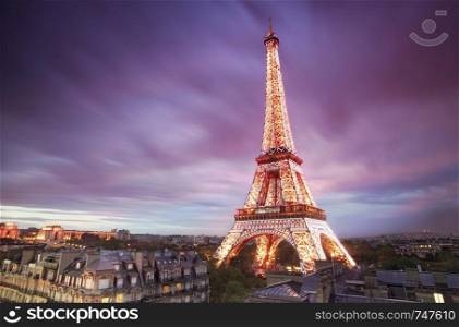 High View of the Eiffel Tower at dusk