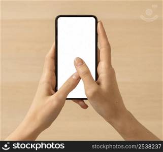 high view person holding copy space smartphone