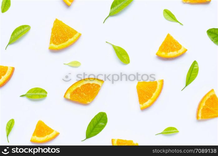 High vitamin C, Cut ripe juicy oranges on white background