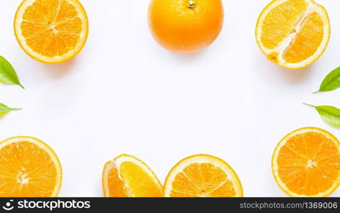 High vitamin C, Juicy and sweet. Frame made of fesh orange fruit with green leaves on white background