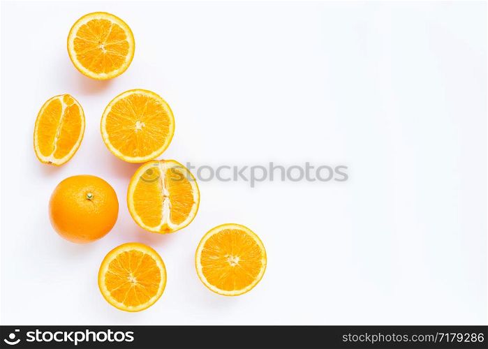 High vitamin C, Juicy and sweet. Fresh orange fruit on white background. Copy space