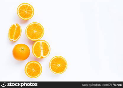 High vitamin C, Juicy and sweet. Fresh orange fruit on white background. Copy space