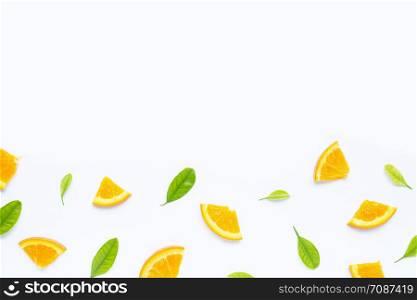 High vitamin C, Juicy and sweet. Fresh orange fruit with green leaves on white background