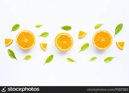 High vitamin C, Juicy and sweet. Fresh orange fruit with green leaves on white background