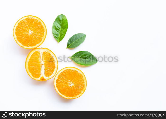 High vitamin C, Juicy and sweet. Fresh orange fruit with green leaves on white background