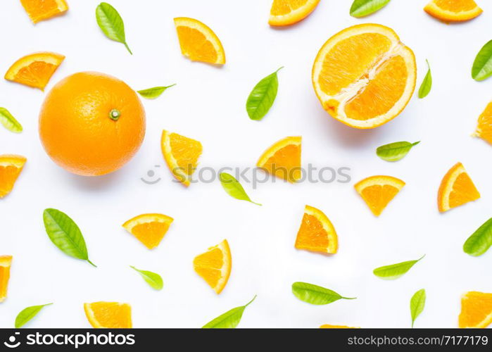 High vitamin C, Juicy and sweet. Fresh orange fruit with green leaves on white background