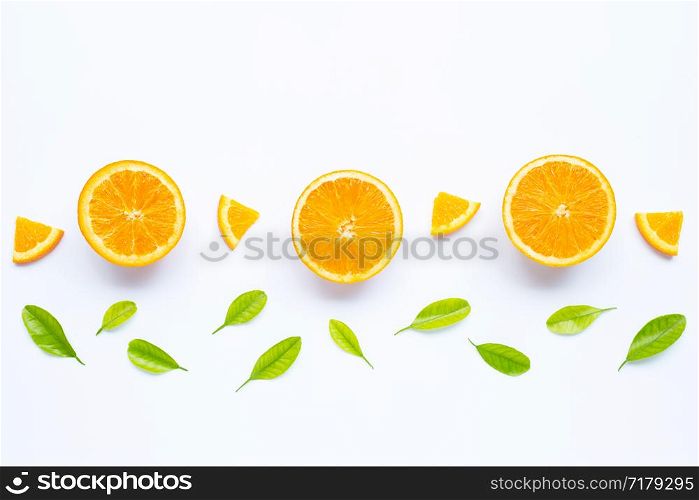 High vitamin C, Juicy and sweet. Fresh orange fruit with green leaves on white background