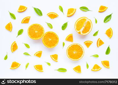 High vitamin C, Juicy and sweet. Fresh orange fruit with green leaves on white background