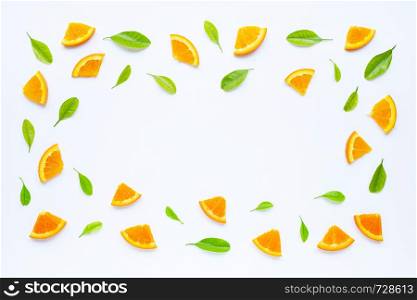 High vitamin C, Juicy and sweet. Fresh orange fruit with green leaves on white background. Frame and Copy space