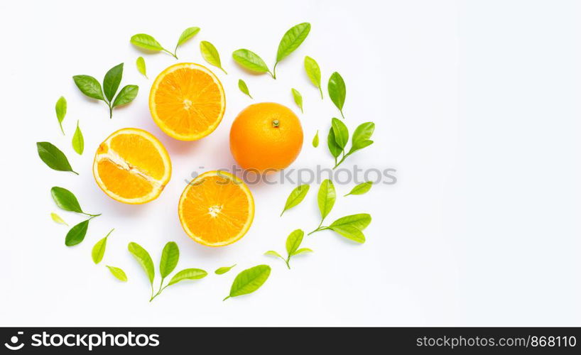 High vitamin C, Juicy and sweet. Fresh orange fruit with green leaves on white background