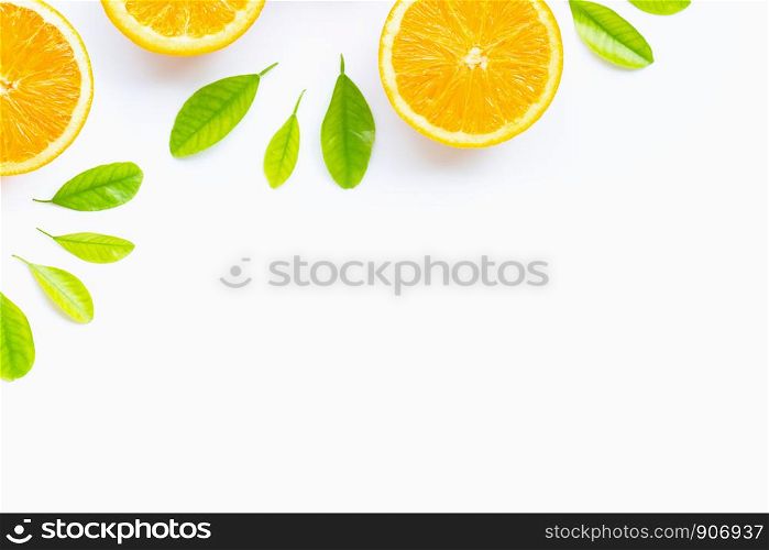 High vitamin C, Juicy and sweet. Fresh orange fruit with green leaves on white background. Copy space