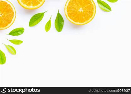 High vitamin C, Juicy and sweet. Fresh orange fruit with green leaves on white background. Copy space