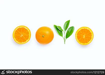 High vitamin C, Juicy orange fruit with leaves on white background. Copy space