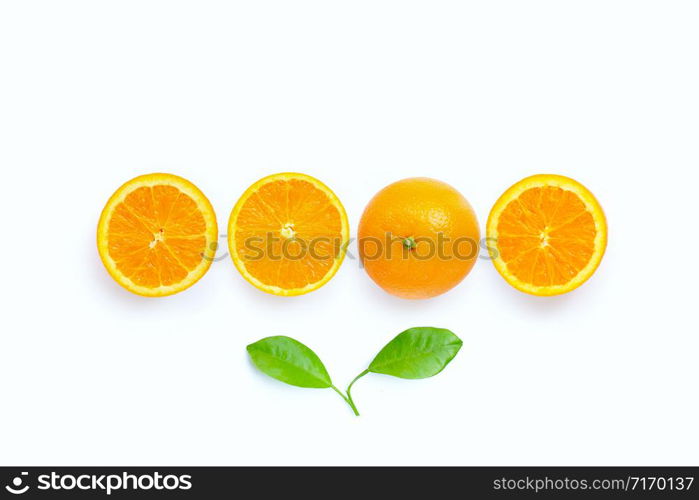 High vitamin C, Juicy orange fruit with leaves on white background. Copy space