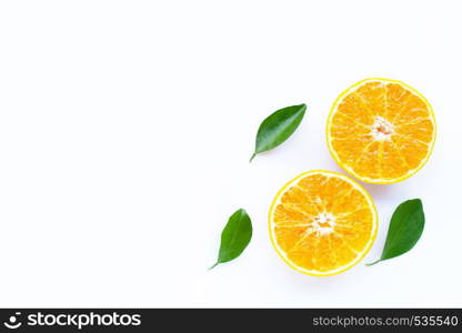 High vitamin C, Orange fruits with leaves on white background. Top view