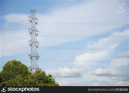 high voltage pole on the top of mountain hill, Nature and Technology concept