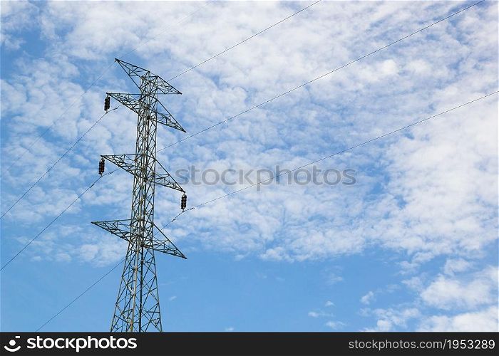 High voltage post, High-voltage tower at blue sky and cloud background, Power poles and various wiring, electric pole
