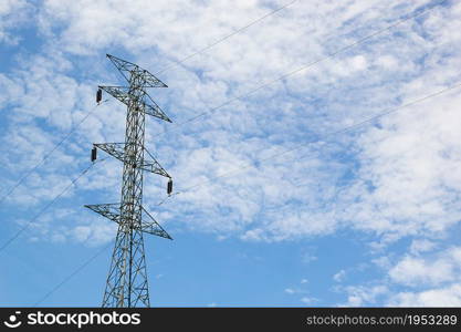 High voltage post, High-voltage tower at blue sky and cloud background, Power poles and various wiring, electric pole