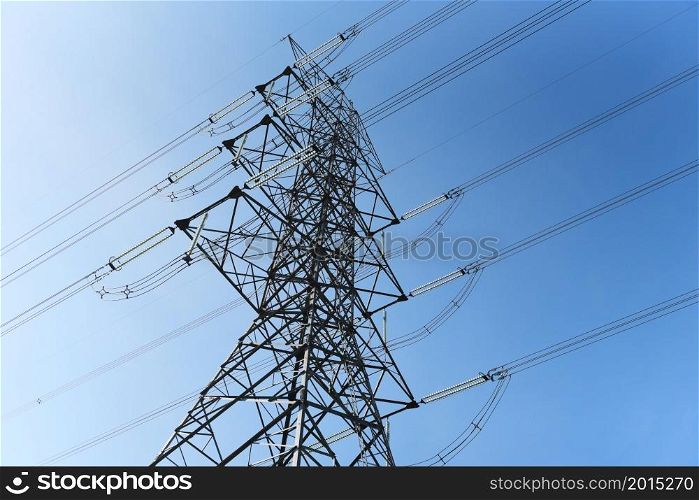 High voltage post, High voltage tower blue sky background, Electricity poles and electric power transmission lines against countryside