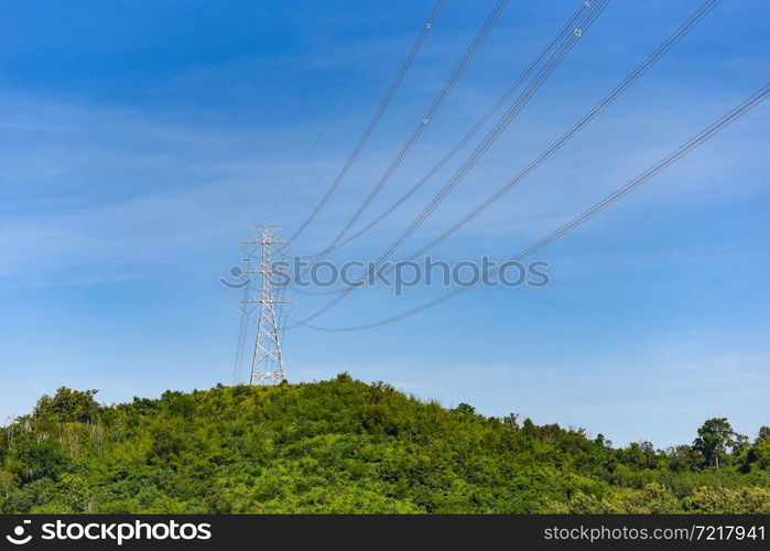 High voltage post, High voltage tower sky background on the mountain forest, Electricity poles and electric power transmission lines against countryside