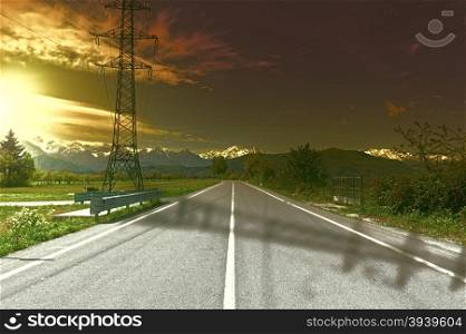 High-voltage Power Line in Piedmont on the Background of Snow-capped Alps at Sunset, Vintage Style Toned Picture