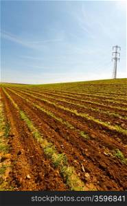 High-voltage Power Line Passes through the Plowed Fields in Israel