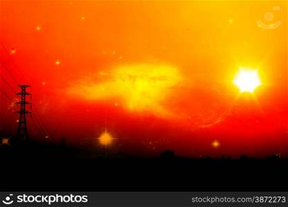 High voltage power pole middle of a cornfield with orange sky and galaxy