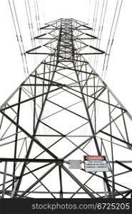 High voltage power pole on white background with danger sign