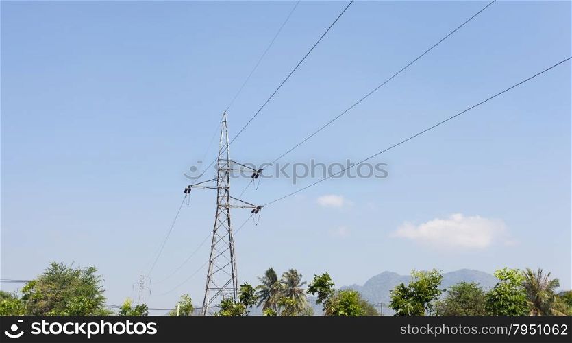 High voltage power pole. Transmission of electricity from the power plant.