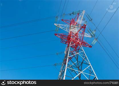 high voltage power tower pylon and line cables